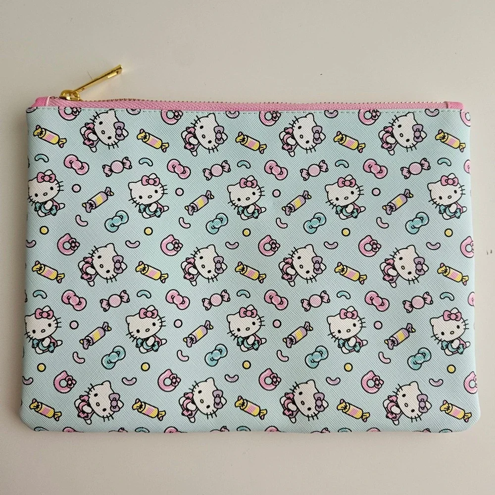 Sanrio‎ 2024 Hello Kitty Pouch Cosmetic Blue Candy Print Zippered Bag 10in x 7in